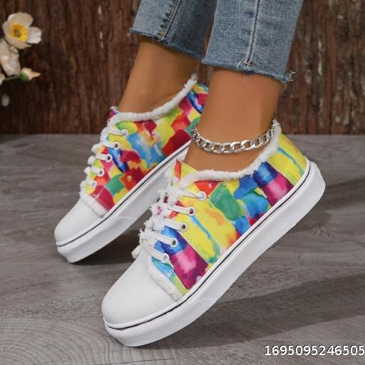 Casual Women's Shoes Round Toe Colorful Lace up Canvas Shoes New Rainbow Gradient Single Shoe Women