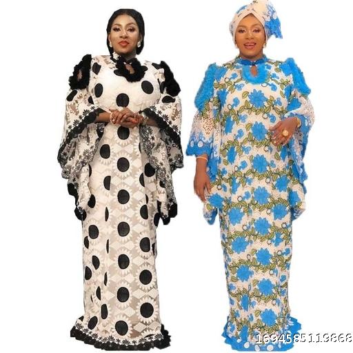 Black and white embroidered flower lace loose mesh lace retro buckle flared sleeve long skirt