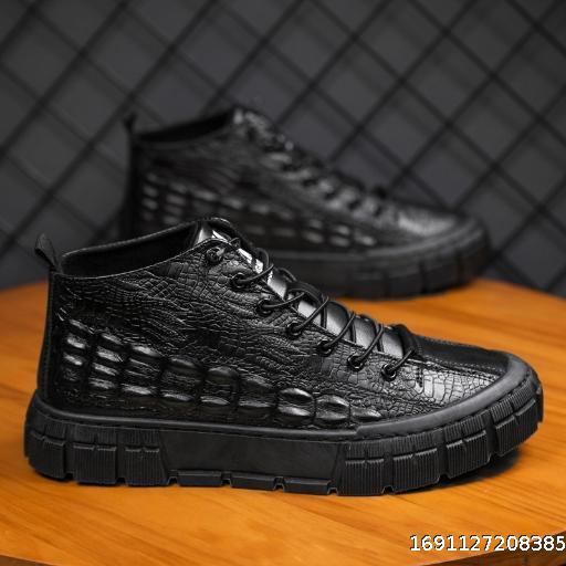Autumn and Winter New Leather Boots Men's Crocodile Pattern High Top Men's Shoes Korean Version Men's Casual Shoes Work Clothes Short Boots Black
