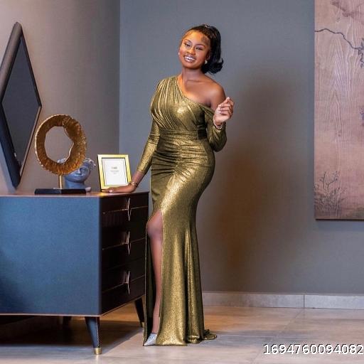 Luxury Celebrity Style One Shoulder Oblique Neck Dress Autumn Fashion Party Dress Long Dress Party Dress