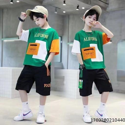 Wholesaler Boys Summer Set 2023 New Middle and Big Boys Hip Hop Handsome Children's Clothing Western Style Summer Children's Fashion Trend