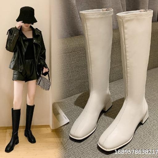 2023 Autumn/Winter New 43 Size Leather Long Boot with Back Zipper Large High Boot Thick Heel Low Heel Knight Boot
