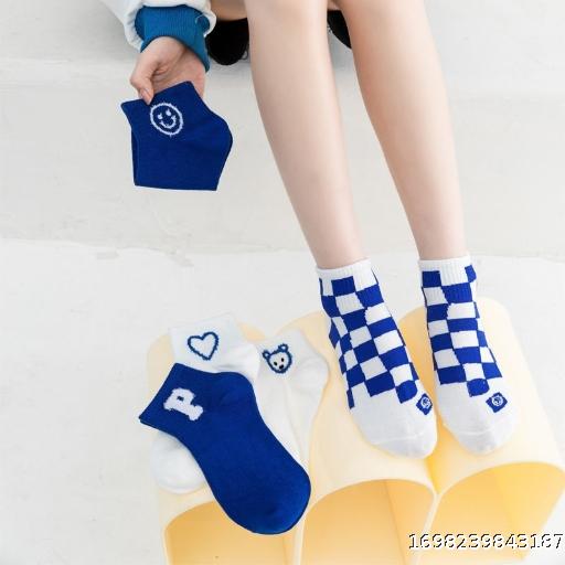 Socks Women's Summer Short Socks ins Fashion Net Red Spring and Autumn White Plaid Pure Cotton Sports Women's Thin Klein Blue
