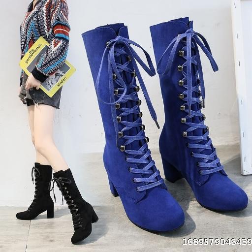 European and American Autumn/Winter Large Women's Boots New Thick Heel Mid Heel Round Head Front Lace Cross Strap High Heel Mid Barrel Boots