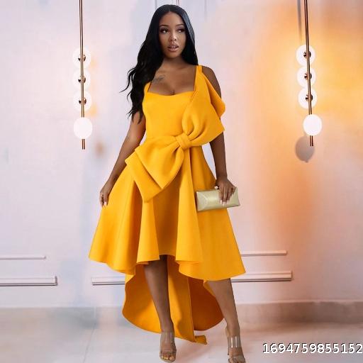 Yellow Strap Bow Asymmetric Slim Fit Banquet Evening Dress Banquet Dress