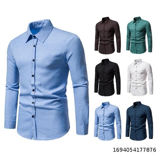 2023 Autumn Foreign Trade New Men's Retro Casual Long sleeved Shirt European Size Men's Solid Color Loose Long sleeved Shirt