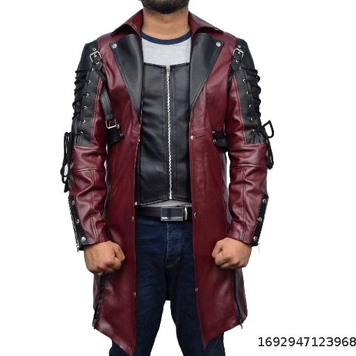 New Men's Solid PU Coat Punk Gothic Men's Mid length Leather Coat
