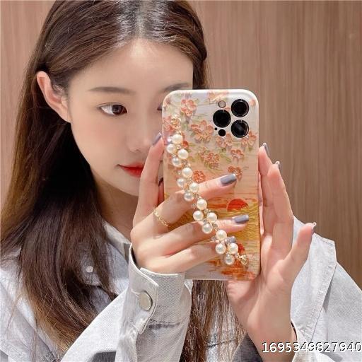 Oil Painting Flower Pearl Chain iPhone13/12promax Apple 11 Phone Case xs Silicone xr/78Plus