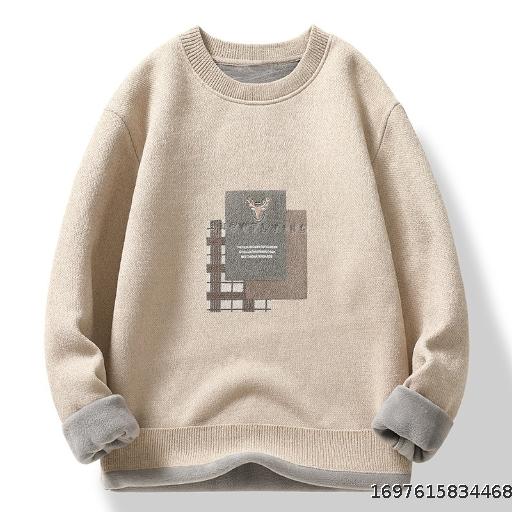plush sweater men's round neck youth casual loose embroidery trendy brand warm and thick men's sweater