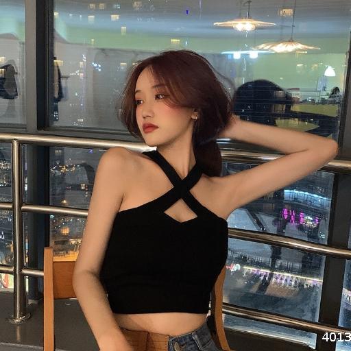  cross cut open shoulder hanging neck suspender vest women's summer high waist short open navel tight top