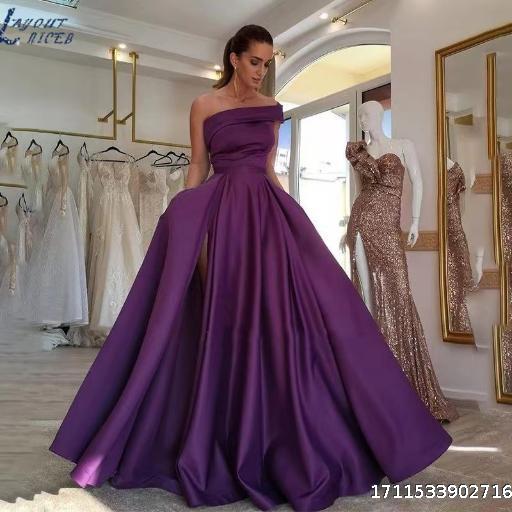 One Shoulder Satin Dress Amazon Evening Dress Birthday Party Fluffy Dress Green Split Sexy Dress