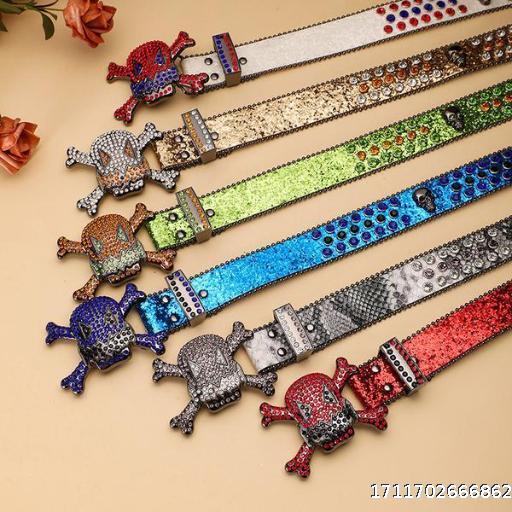 Punk style European and American hip-hop decoration nightclub belt, female dark skull head buckle diamond inlaid belt stall full of diamond sequins