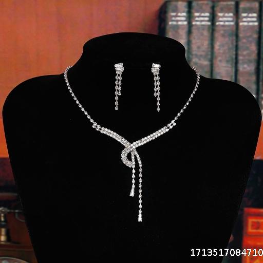 【 5 pieces per unit 】Radiant Full Diamond Water Drop Necklace Earrings Bride Wedding Jewelry Set Necklace Earrings