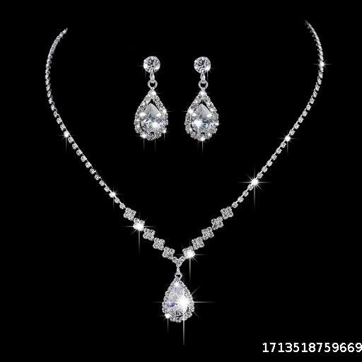 【5 sets per unit 】Bride's Wedding Jewelry Brilliant Full Diamond Zircon Water Drop Necklace Earrings Multiple ear clip jewelry sets