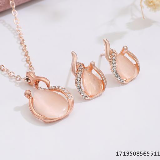 【5 sets per unit】European and American New Jewelry Set Small Fresh Crystal Cat's Eye Bride Set Necklace Earrings Simplified Two Piece Set