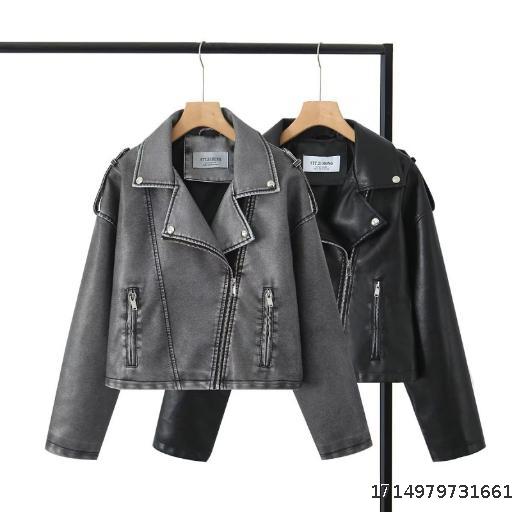 Cross border wholesale of women's clothing, American retro design, PU leather jacket, autumn and winter fashionable and cool short leather jacket