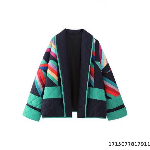  Foreign Trade 2023 European and American Winter New Fashion and Temperament V-neck Long sleeved Printed Cotton Clip Loose Coat Top for Women