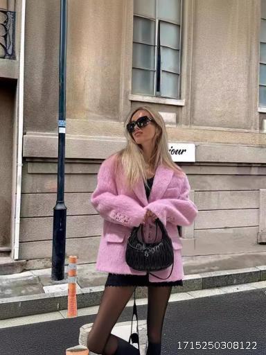 2024 European and American Cross border AliExpress Spring and Autumn New Style Elegant Single breasted Flip Collar Plush Women's Coat Coat