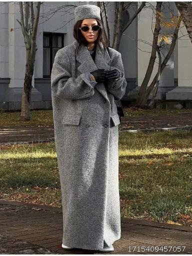 Cross border Women's 2024 Spring and Autumn New European and American Fashion Style Polo Collar Long sleeved Single breasted Gray Woolen Coat for Women