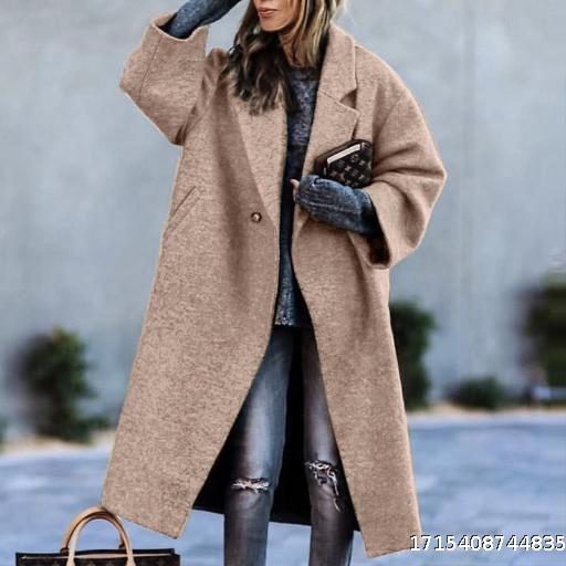 European and American autumn/winter long woolen jacket Color and temperament Commuting without belt, lapel, loose fitting woolen green jacket for women