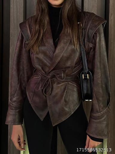 Women's cross-border fashion leather jacket Women's lace up jacket Texture open collar leather jacket Women