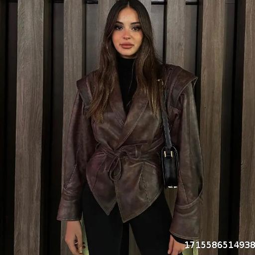 Cross border European and American Women's Fashion AliExpress Hot selling Versatile Retro faux leather jacket jacket