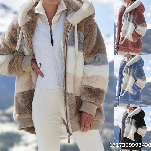 In stock 2020wish Amazon's best-selling autumn/winter loose plush multi-color patchwork short hooded jacket