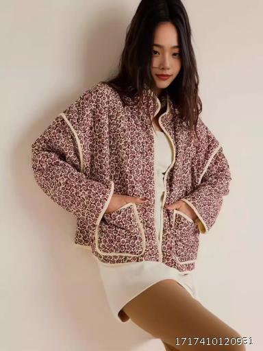2024 Autumn New European and American French Retro Printed Quilted Cotton Dress Women's Top Coat