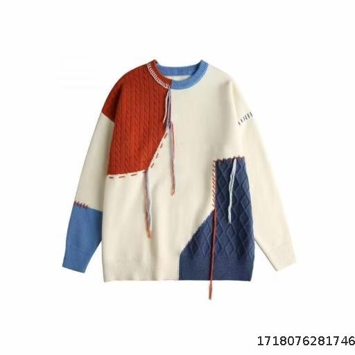 Spliced contrasting color sweater, men's autumn and winter trendy casual design, knit sweater, men's loose and plush, thick thread clothing