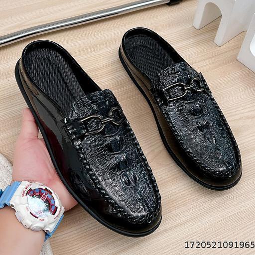 2024 Summer Half Tuo Dou Shoes Men's Leather Shoes Lazy One Step Leather Shoes Breathable Heel Free Casual Men's Shoes