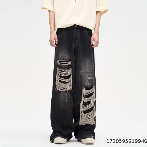 Washed and distressed wide leg pants, American retro distressed jeans, men's straight leg pants
