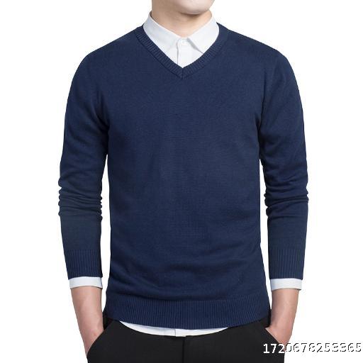 Solid color long sleeved sweater, men's V-neck pullover, men's base sweater, spring and autumn men's knitwear, business cross-border men's clothing