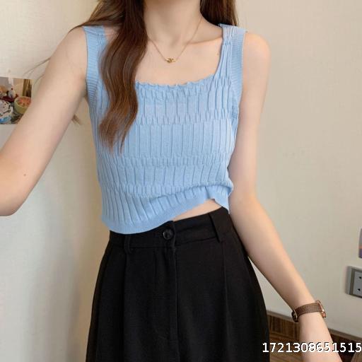 Ice silk small halter sleeveless vest female summer outside wear with slim Korean version of simple square collar knit bottom shirt top