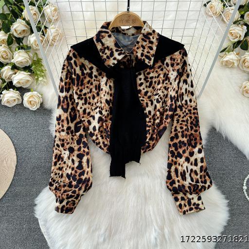 Small and stylish Korean style fashion top for women, high-quality leopard print shirt, fake two-piece set with shawl