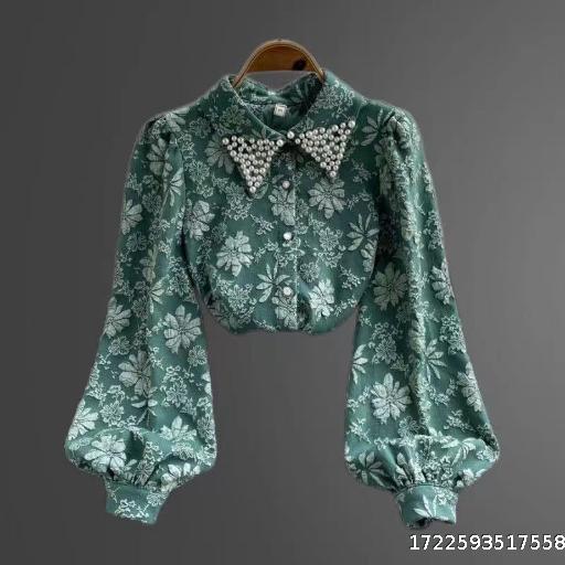 French retro jacquard socialite temperament nail bead polo collar shirt women's design sense niche loose bubble sleeve top