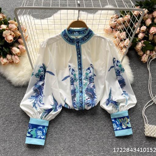 Palace style shirt for women, design, niche printing, lantern sleeves, loose and versatile, temperament, small stand-up collar, ladies shirt trend