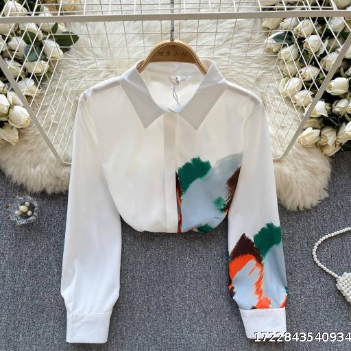European and American style design shirt female niche oil painting print contrast color stitching loose slim long sleeve top female top