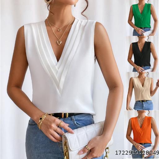 European and American women's clothing 2024 summer new multi-level V-neck solid color vest women's top