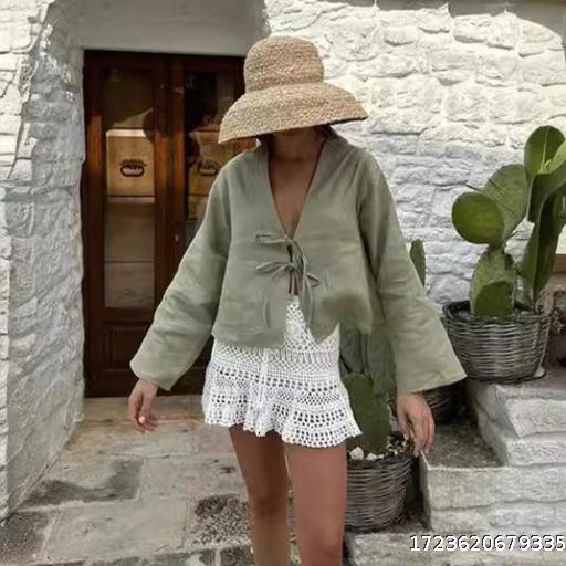 European and American women's INS popular deep V-neck flared sleeve tied top