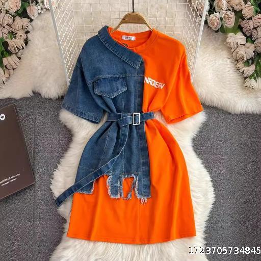 Retro Hong Kong style temperament waist with waist belt round neck color blocked denim shirt Spring new chic casual mid length top