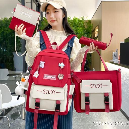 [5 sets per unit College Student Backpack New Travel Backpack Women's Simple Campus Canvas High School Four Piece Set Personalized Trendy Backpack