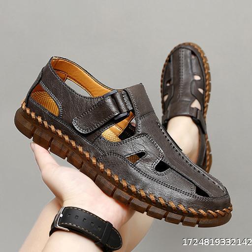 Large Men's Casual Sandals Business Formal Leather Shoes Men's Retro British Style Summer Men's Hollow Sandals