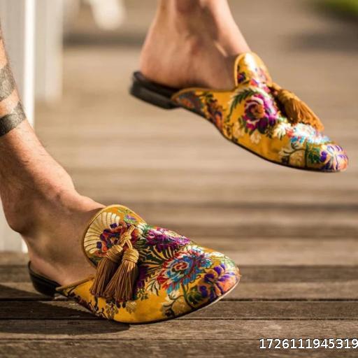 Back Hollow Drag Embroidery Electric Embroidery Flower Colour Men's Drag Flat Men's Shoes Satin
