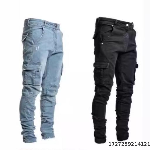 2024 European and American New Elastic Jeans Men's Side Pocket Looks Thin Small Feet Tight Jeans