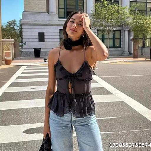 European and American internet celebrity INS French sexy semi transparent layered vest top