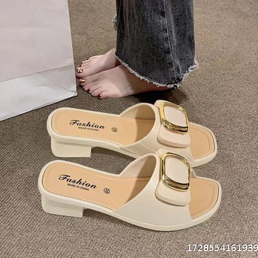 High heel slippers female 2024 new summer ladies indoor and outdoor wear a word drag home thick bottom