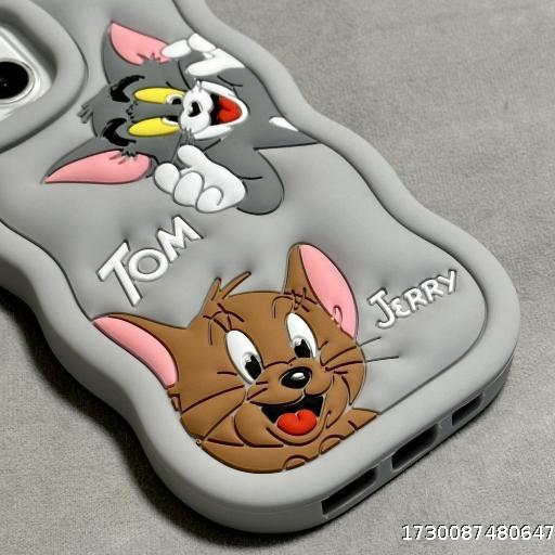 Cartoon Gray Silicone Cat and Mouse iPhone 15 Pro Apple 14 Phone Case 13 Silicone 12 Full Pack