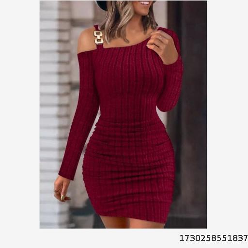 New women's solid color strapless slant collar tight package hip fashion Slim sexy long-sleeved dresses
