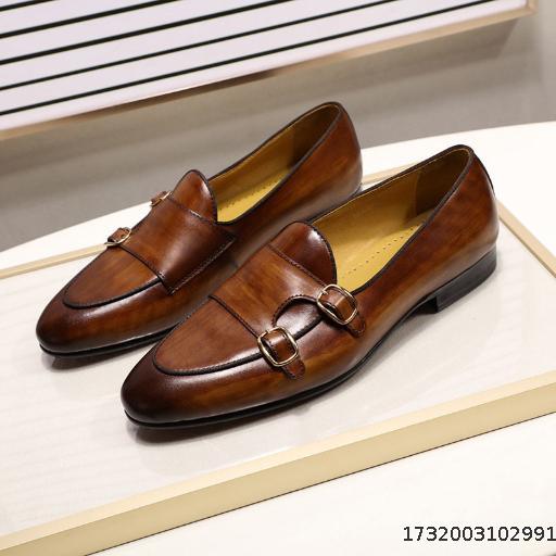 Double button casual men's toe layer cowhide men's leather shoes with one foot kick