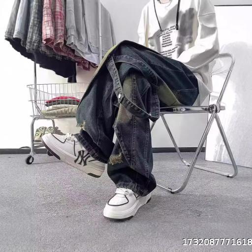 American High Street Vibe Retro Heavy Industry Old Jeans Men's Splicing Design Straight Leg Wide Leg Pants